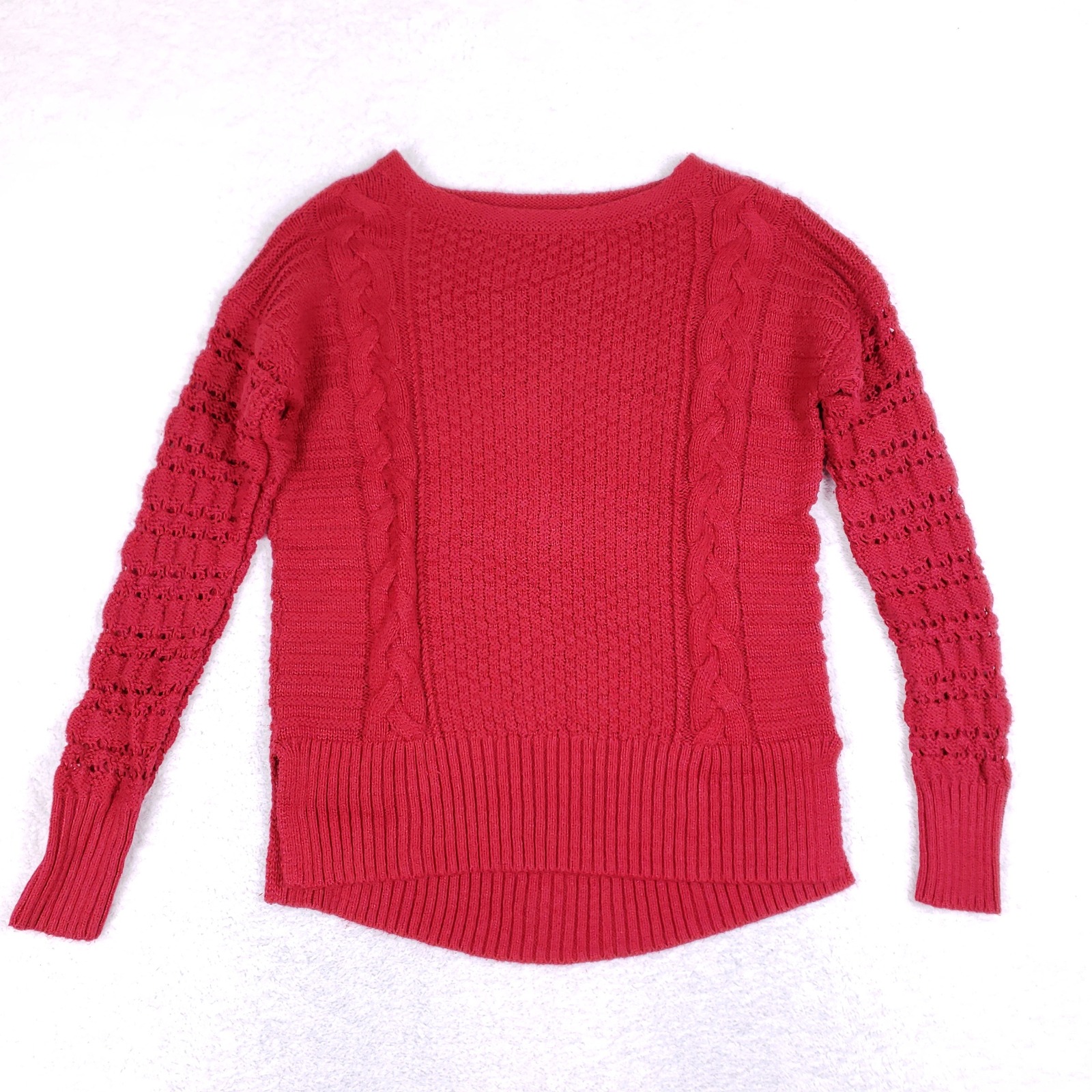 Maurices Sweater Womens Medium Cable Knit Boat Neck Red Boho Crochet Sleeve